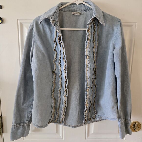 Newport News Jeanology Denim Jacket Cardigan Ruffled Button Up Women Size Medium - Picture 2 of 6